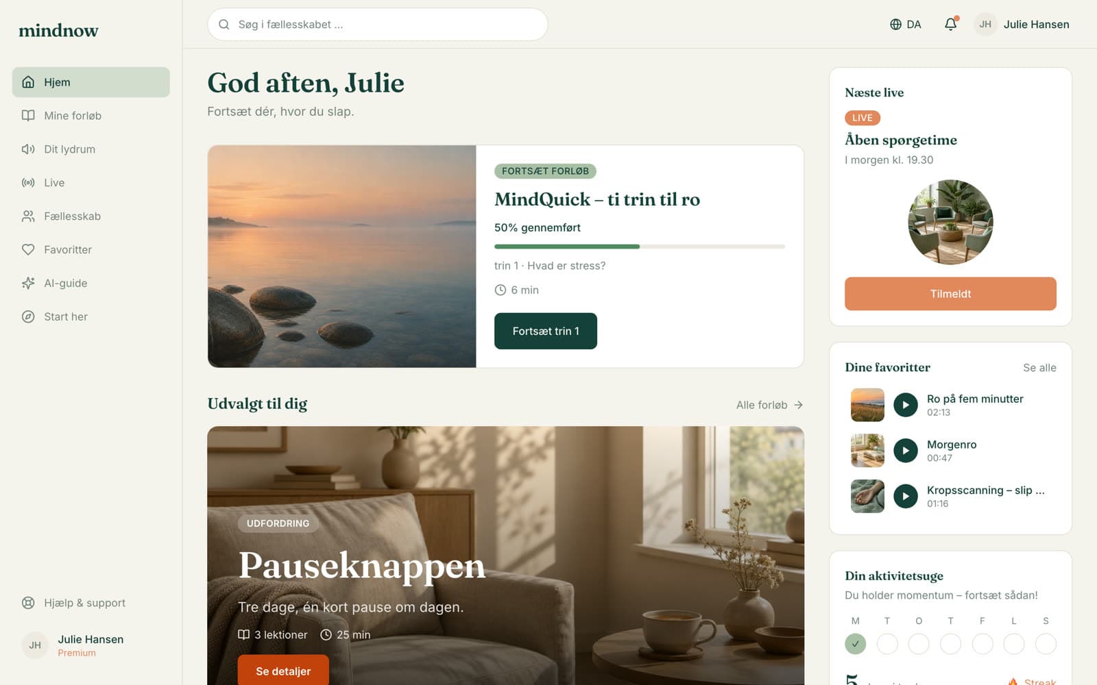 Kursistens forside i Mindnow med forløb, live og favoritter